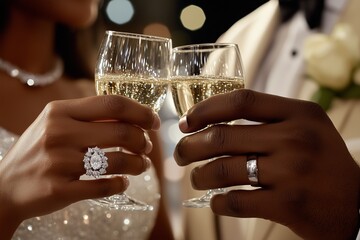Close-up of a Newlywed Couple Toasting with Champagne Glasses Highlighting Diamond Rings