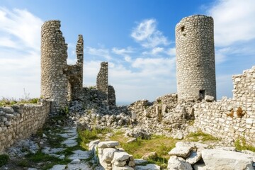 Naklejka premium Ruins of a stone castle under a blue sky with scattered clouds.