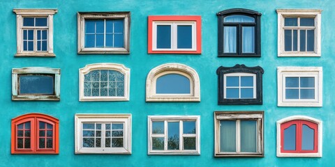 Fototapeta premium A colorful wall featuring various window designs in a vibrant turquoise setting.