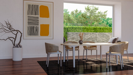 Large luxury modern bright interiors Living room mockup illustration 3D rendering image