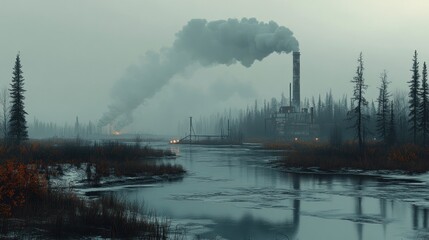 Industrial smokestack spewing pollution into a misty sky over a frozen river in a boreal forest.