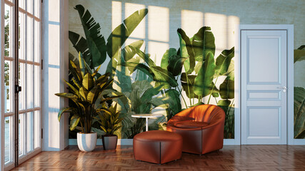 Large luxury modern bright interiors Living room mockup illustration 3D rendering image