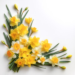 Obraz premium Fresh Daffodil flower garland foliage on side position provides copy space for text. background concept isolated white