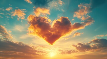 Heart-shaped cloud at sunset, radiating warm golden hues against a vibrant sky, evokes a sense of love and tranquility.
