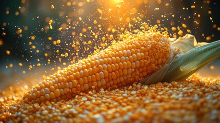 A single ear of corn with kernels flying off, shot against a background of corn kernels.