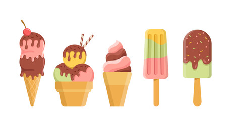 Ice cream icons set. Waffer cone and cup with gelato balls. Sweet sundae on stick. Frozen dessert and delicacy for hot weather. Flat vector collection isolated on white background