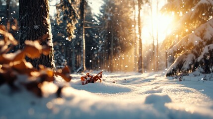 Sunlight filters through snowy forest, creating a serene winter scene.