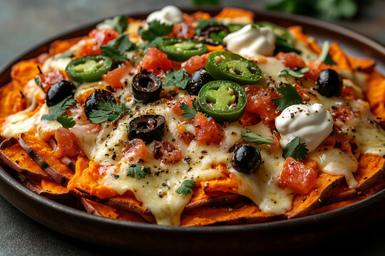 Ryan Loaded Sweet Potato Nachos with melted cheese and jalape&ntilde;os crispy sweet potato slices