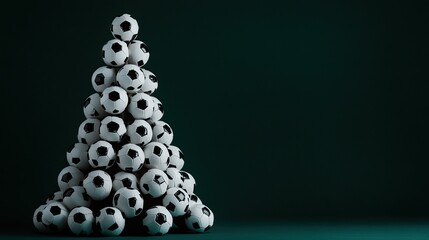 Creative pyramid of soccer balls in festive tree shape on dark background celebrating christmas tree and happy new year