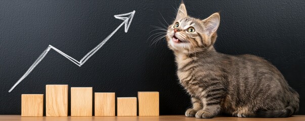 A playful kitten looks up at a rising graph drawn in chalk, indicating growth and success against a dark background.