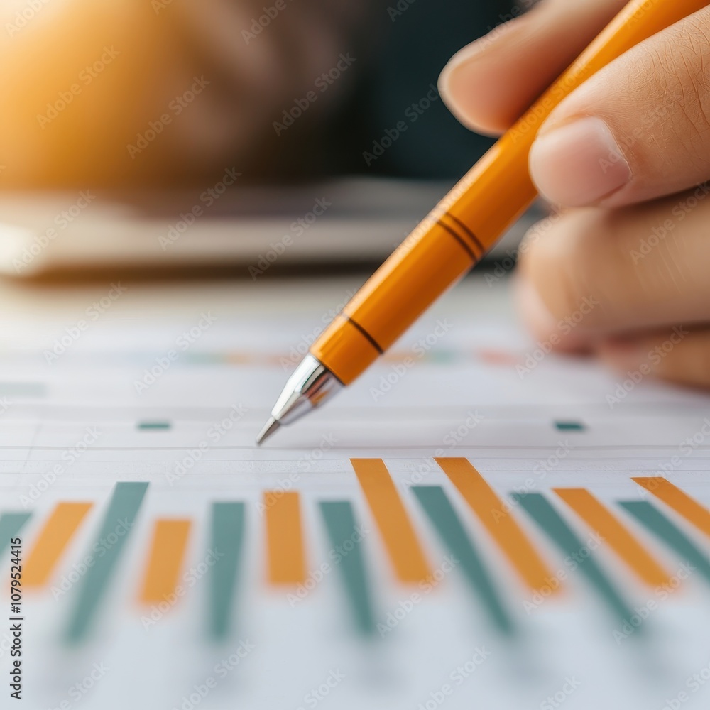 Poster a close-up of a hand holding an orange pen, analyzing colorful graphs and charts on a document, emph