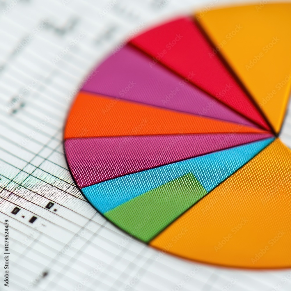 Poster a vibrant pie chart on a sheet of detailed data outlines, illustrating data visualization and analyt