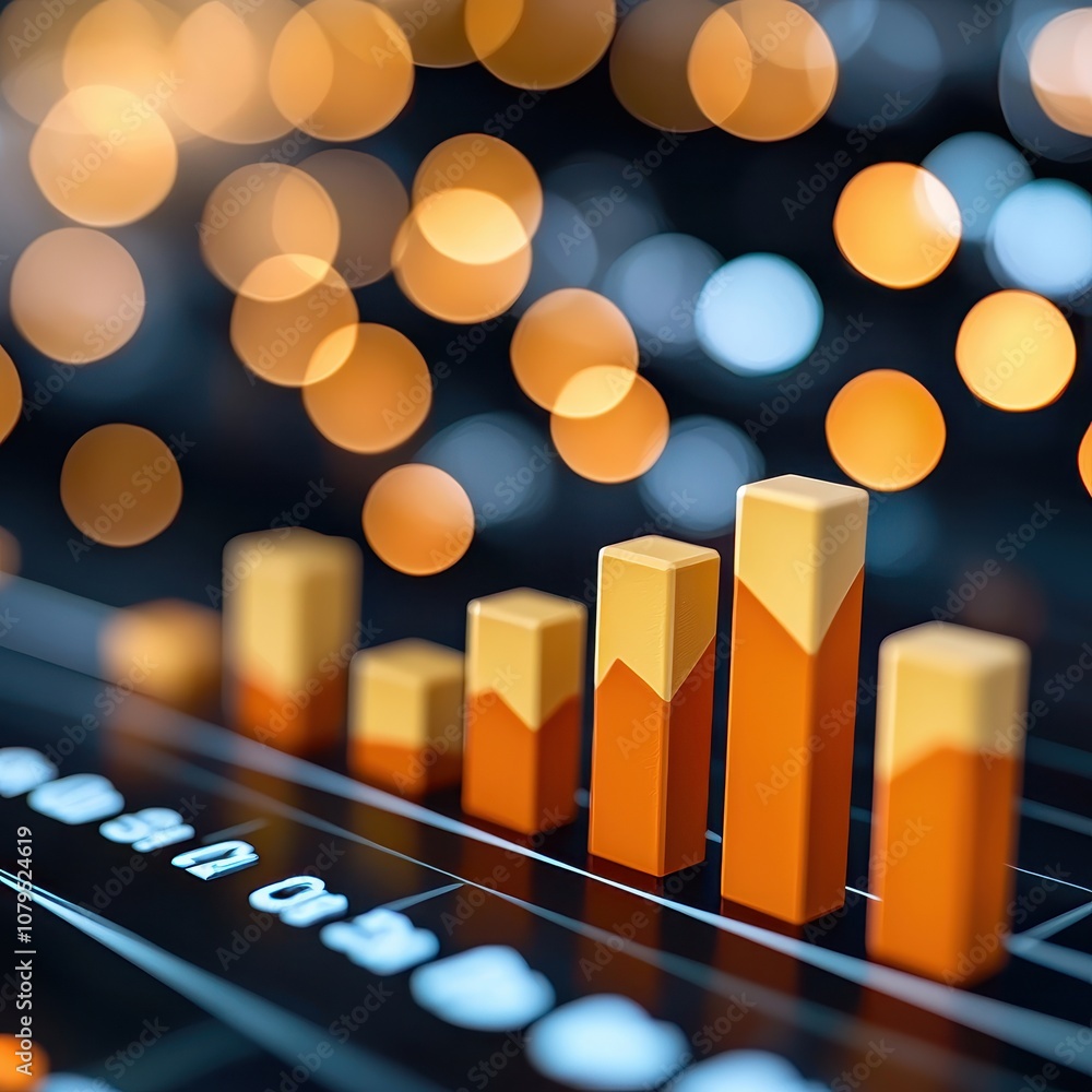 Poster a vibrant bar graph on a dark background, displaying various data points with orange highlights, set