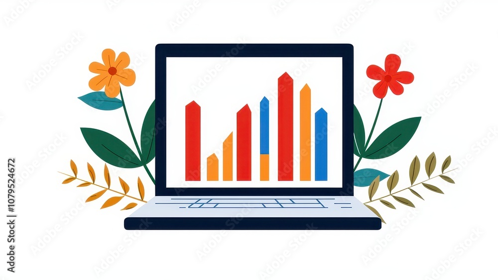 Poster a colorful illustration of a laptop displaying a bar graph, surrounded by flowers, symbolizing growt