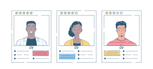 Job seekers with CV. Resumes of men and women. Headhunting and recruitment. Corporate workers documents, curriculum vitae. Linear vector illustration isolated on white background