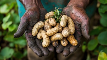 A pair of muddy hands hold a handful of freshly harvested peanuts, showcasing the fruits of hard labor.