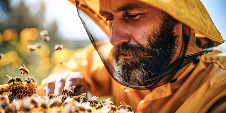 focused Beekeeper Inspecting Honeycomb Up Close
