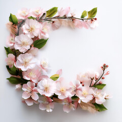 Fresh Cherry Blossom flower garland foliage on side position provides copy space for text. background concept isolated white
