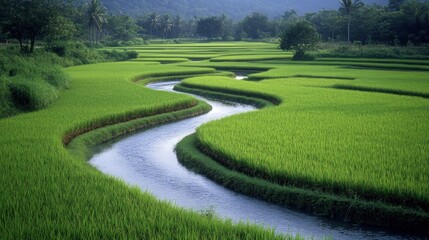 A winding river flows through a lush green paddy field, with distant mountains in the background.