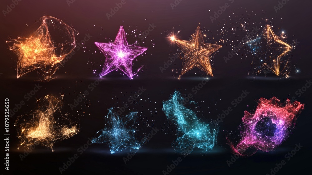 Poster vibrant neon star shapes in dynamic abstract forms on a dark background.