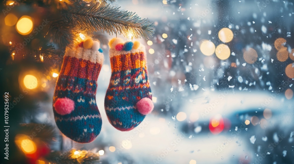 Poster brightly colored knitted stockings dangle from a tree branch as soft snowflakes gently fall in a coz