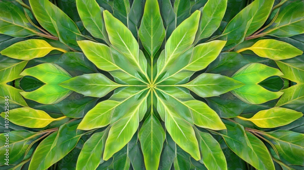 Poster abstract symmetrical pattern of green leaves arranged in a star shape.