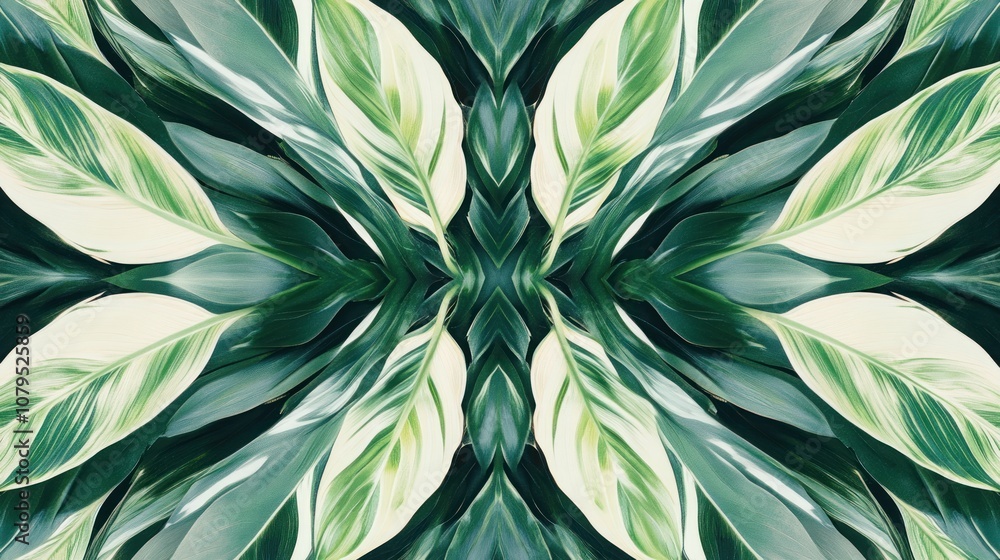 Poster abstract pattern of green and white leaves, creating a symmetrical design.
