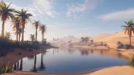 A serene oasis in the desert with palm trees and a calm blue lake reflecting the sky.