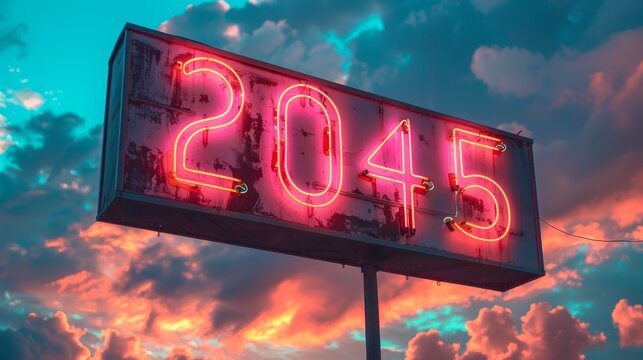 A pink neon sign displaying the year 2045 against a vibrant sunset sky.