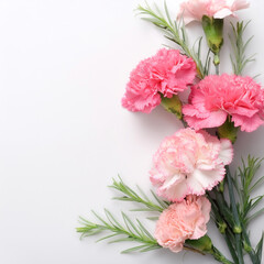 Fresh Carnation flower garland foliage on side position provides copy space for text. background concept isolated white