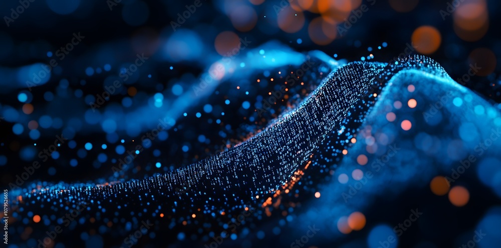 Poster abstract digital art with blue and orange glowing particles, creating a flowing, wave-like pattern.