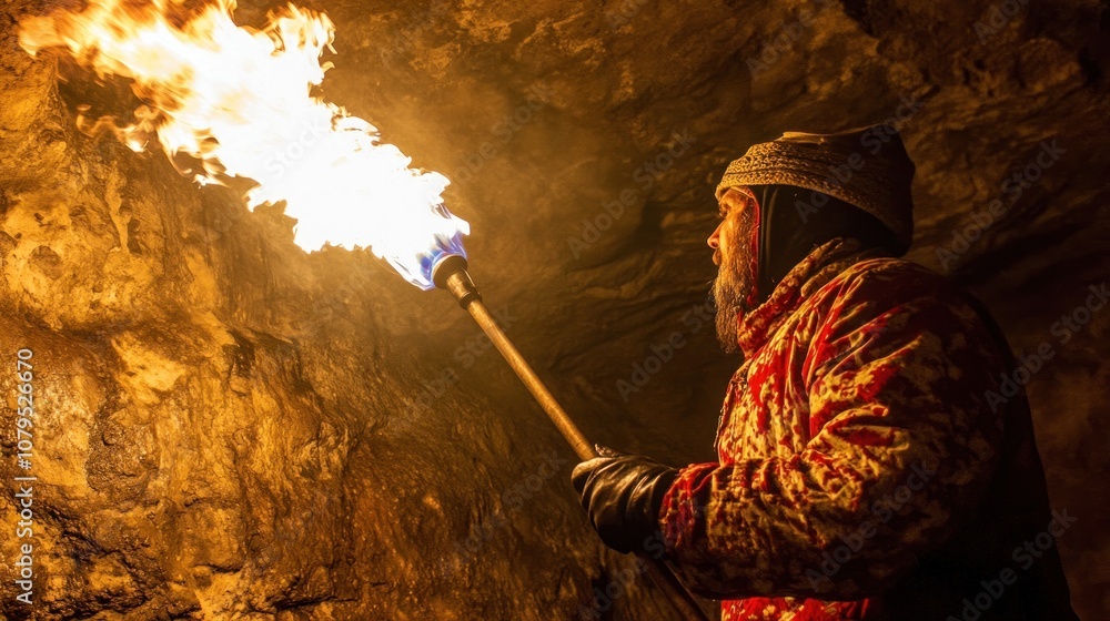 Poster a man with a torch explores a dark cave, illuminating the rough stone walls with the flickering flam