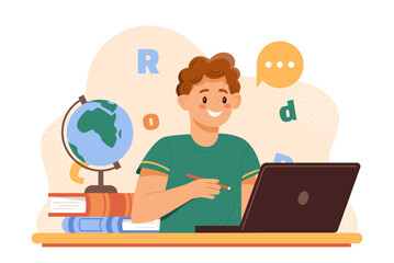 Boy with online learning. Kid with laptop, globe and stack of books. Remote education and training. Preschool student doing homework. Flat vector illustration isolated on white background