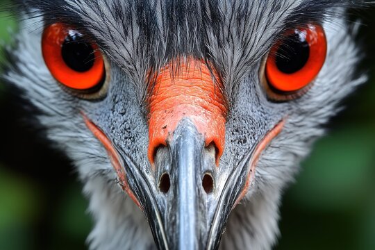 Close-up of a bird's vivid red eyes and detailed feathers in a natural setting.