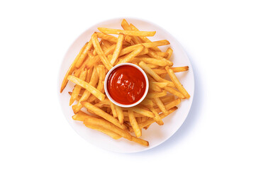 French fried on white plate with ketchup on top on white background. Top view
