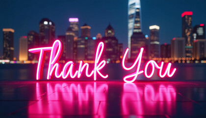 Pink Neon Thank You Sign in Cityscape