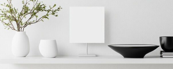 Minimalist white shelf with vase, branches, black bowl, and blank canvas.