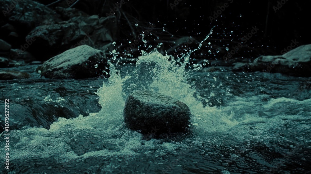 Poster a close-up of water splashing over a large rock in a fast-moving river.