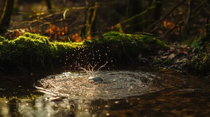 Obraz premium A single rock splashes into a still pond in a forest, creating ripples and water droplets.