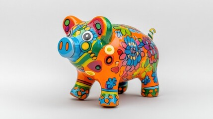 A colorful ceramic piggy bank with floral patterns and a playful design, standing on a white background.