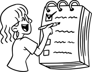 Line Art of a Virtual Assistant Woman Taking Notes, Simple Cartoon Outline for Notion