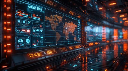 Futuristic control room interior with glowing digital displays and a world map on the main screen.