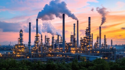 Obraz premium Oil refinery at sunset with smokestacks emitting steam.