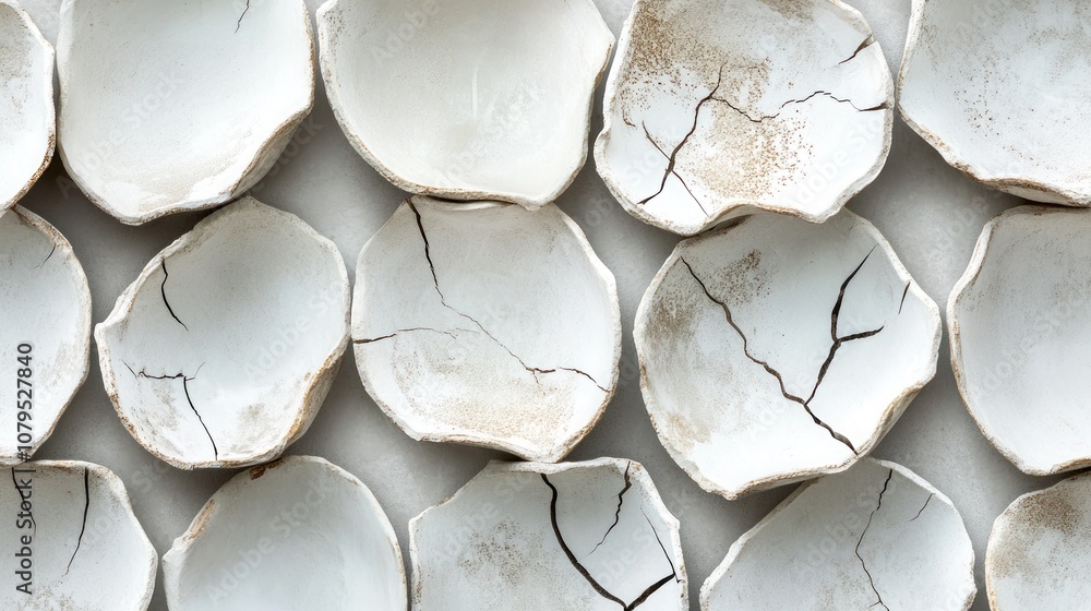Poster close-up of a pattern of white broken eggshells on a grey background.