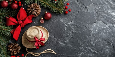 Christmas composition with hat on slate , copy space , ai