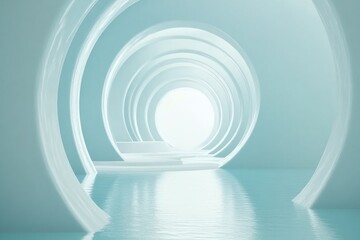 Obraz premium A serene, abstract space with circular structures and reflective water, evoking tranquility.