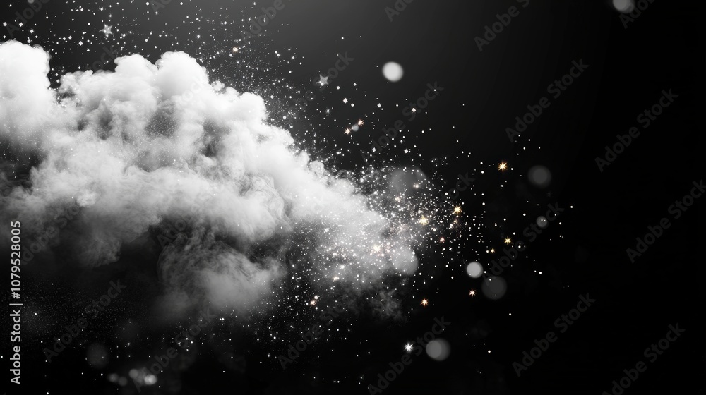 Poster abstract cloud with sparkling particles in a dark background, creating a dreamy effect.