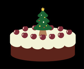 Christmas chocolate cherry cake illustration. Cartoon style flat vector clip art for holiday season. 