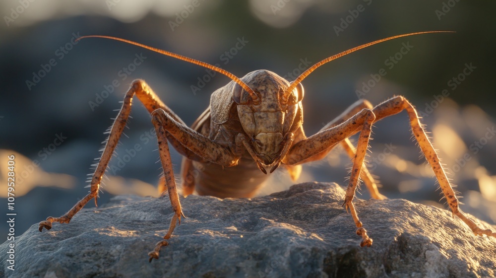 Poster a close-up of a brown grasshopper perched on a rock, looking directly at the camera with a soft, gol