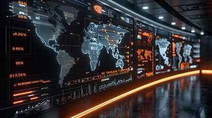 Futuristic control room with a large world map and data visualizations.